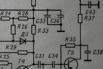 Old radio circuit printed on vintage paper electricity diagram as background. Electric radio scheme from USSR - 793669127