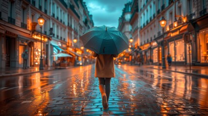 person walks down a busy city street, holding an umbrella to shield themselves from the rain, Underneath an umbrella on a rainy Parisian cobblestone street lined with lit shops