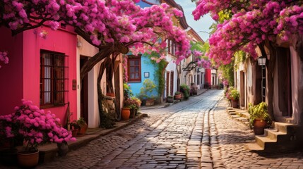 A quaint cobblestone street lined with vibrant pink flowers on the trees - Powered by Adobe
