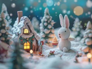 Obraz premium A plush bunny stands in a snowy winter scene with decorated trees and a cozy cottage.