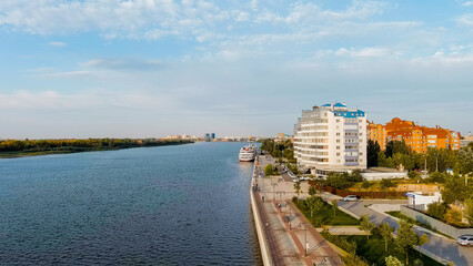 Astrakhan, Russia - September 23, 2022: Embankment of the Volga river, Aerial View