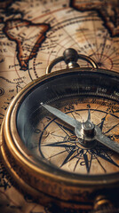 Obraz premium Close-up of an antique compass on aged map, intricate details, vintage exploration theme, realistic texture
