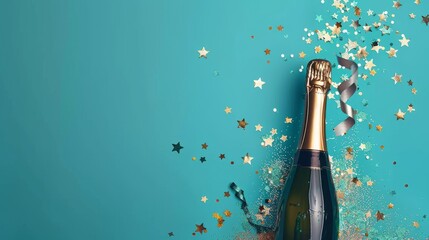 Champagne bottle with glittering confetti stars. A celebratory cava bottle surrounded by ribbons, and baubles on a color background, depicting festivity and luxury. Great design for postcard, banners
