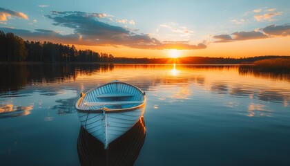 Tranquil sunset scene  serene ocean with vacant wooden rowboat on calm, still, reflective waters