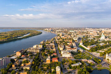 Astrakhan, Russia. Astrakhan Kremlin. Panorama of the city from the air in summer. Volga river....