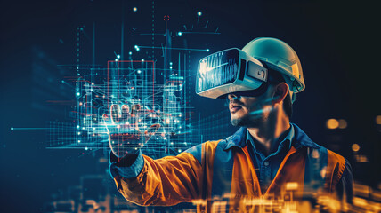 Construction professional exploring a virtual blueprint in 3D space, Concept of VR in industry, interactive design, and technological advancements in construction planning