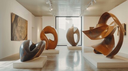 A modern art gallery with abstract sculptures  AI generated illustration - obrazy, fototapety, plakaty