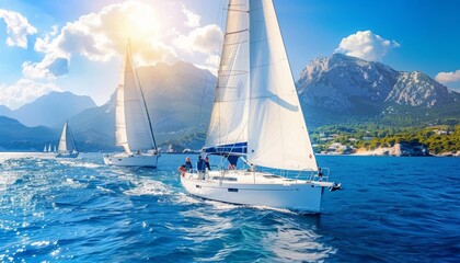 Sailboats gracefully navigating the vast expanse of the serene and tranquil oceanic waters - obrazy, fototapety, plakaty