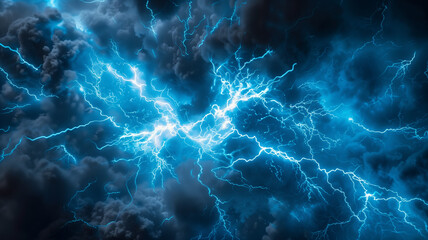 Thunderous cloudburst with web-like blue lightning, Concept of the sublime power of storms and the breathtaking intensity of atmospheric electricity - obrazy, fototapety, plakaty