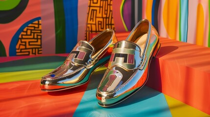 A pair of metallic loafers with a bold geometric design  AI generated illustration