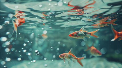 Underwater photography of goldfish swimming in a pond