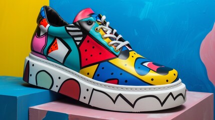 A pair of platform shoes with a bold and colorful Memphis-inspired design  AI generated illustration