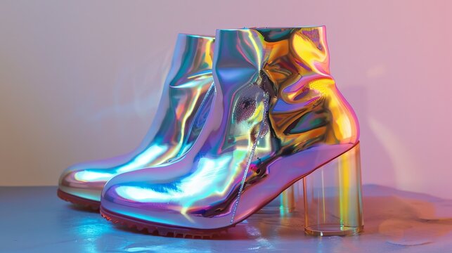 A pair of holographic ankle boots with a futuristic metallic sheen  AI generated illustration