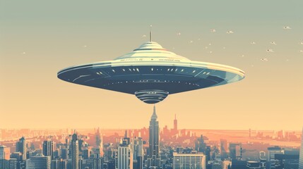Fototapeta na wymiar Classic UFO Flying Saucer Hovering Over Cityscape