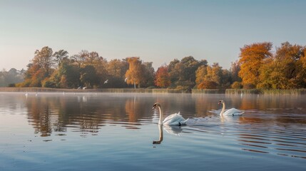 A peaceful lake with swans gliding gracefully  AI generated illustration