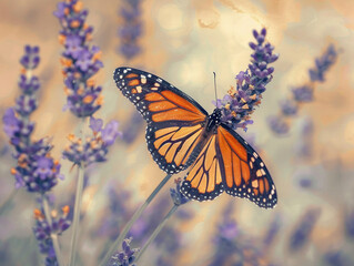 Obraz premium Macro photo of a monarch butterfly on a lavender flower, detailed textures, nature and beauty theme