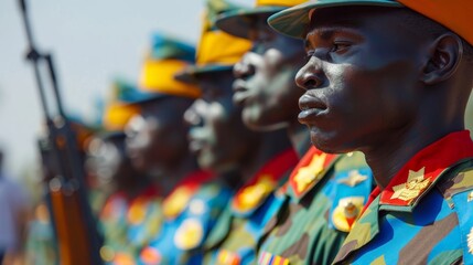 A peaceful scene of soldiers in colorful uniforms standing in formation  AI generated illustration
