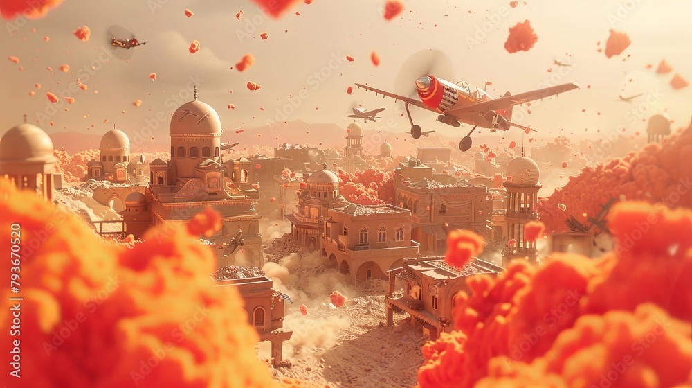 Fototapete a playful 3d rendering of a war scene with a memphis twist ai generated illustration