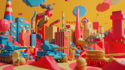 A playful 3D rendering of a war scene with a Memphis twist  AI generated illustration