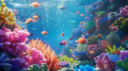 Obraz na płótnie Canvas A playful 3D scene of kids exploring a coral reef underwater AI generated illustration