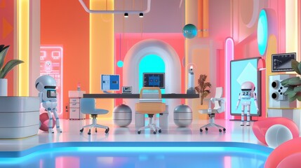 A playful abstraction of a futuristic office space with robotic assistants and virtual conference rooms  AI generated illustration