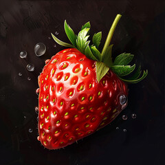Realistic juicy strawberry with water droplets, vibrant red and green, fresh summer fruit concept