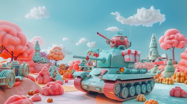 A playful 3D rendering of a war scene with a Memphis touch  AI generated illustration