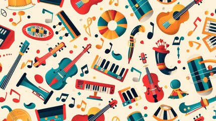A playful and colorful design featuring musical instruments arranged in a pattern  AI generated illustration