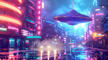 Whimsical 3D vector of a flying saucer landing in a neon-lit futuristic city, vibrant and colorful, sci-fi theme