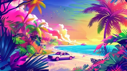 Fototapeta na wymiar A playful and colorful illustration of a cartoon car drifting through a tropical paradise AI generated illustration