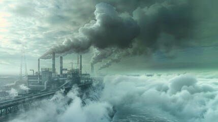 Aerial perspective, the power plant's towering pipes release black smoke into the atmosphere, contributing to pollution. Ecology concept. AI-generated.