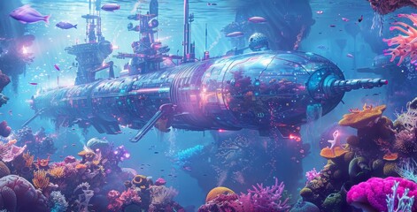 A playful depiction of a futuristic underwater world filled with colorful sea creatures and high-tech submarines  AI generated illustration - obrazy, fototapety, plakaty