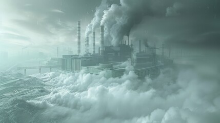 Aerial perspective, the power plant's towering pipes release black smoke into the atmosphere, contributing to pollution. Ecology concept. AI-generated.