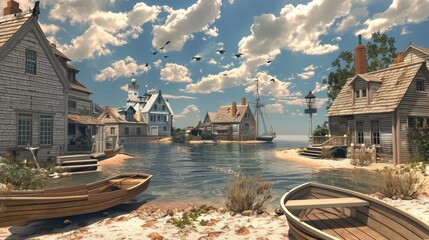 A quaint 3D seaside town with charming cottages and sandy beaches  AI generated illustration - obrazy, fototapety, plakaty