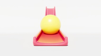 A soft yellow ball rolls down a red slide. 3d animation