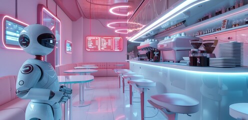 A quirky abstraction of a futuristic cafe with robotic baristas and digital menus  AI generated illustration
