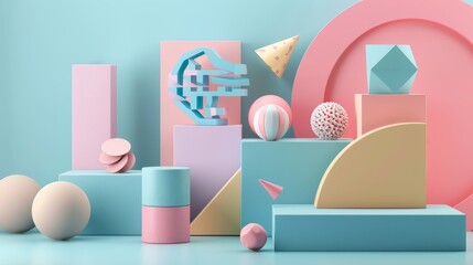 A quirky and abstract 3D representation of a company reorganization with geometric shapes and pastel hues  AI generated illustration - obrazy, fototapety, plakaty