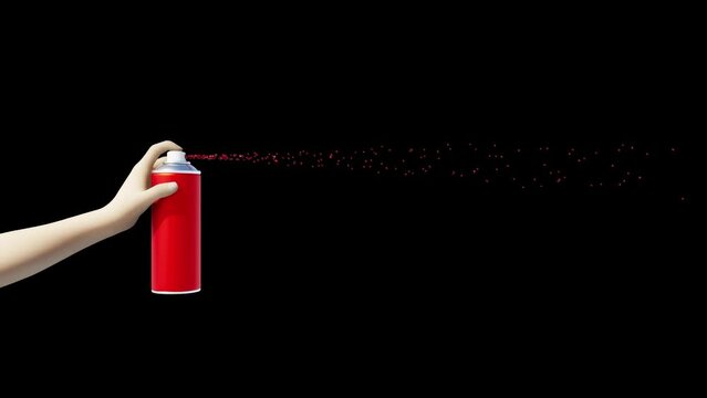 A hand uses a red spray can with red paint. 3d animation