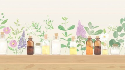 Herbal Essences and Aromatic Flowers in Glass Bottles - obrazy, fototapety, plakaty