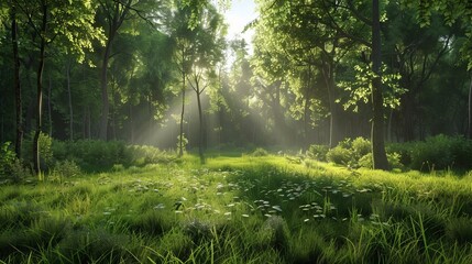 Fototapeta na wymiar A realistic 3D render of a tranquil forest clearing AI generated illustration