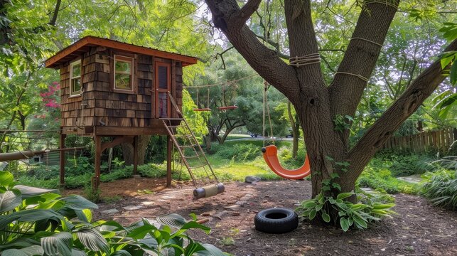 A quirky treehouse with rope ladder and tire swing  AI generated illustration
