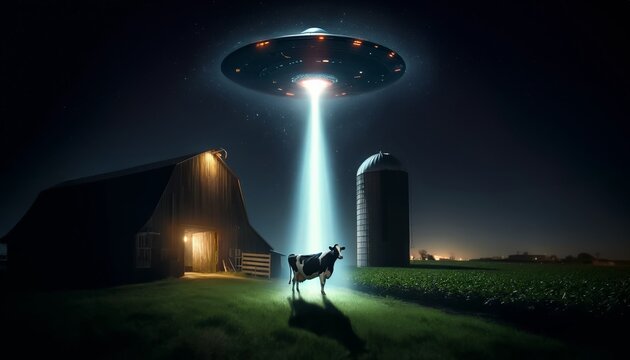 A UFO hovers over a cow in a field at night.