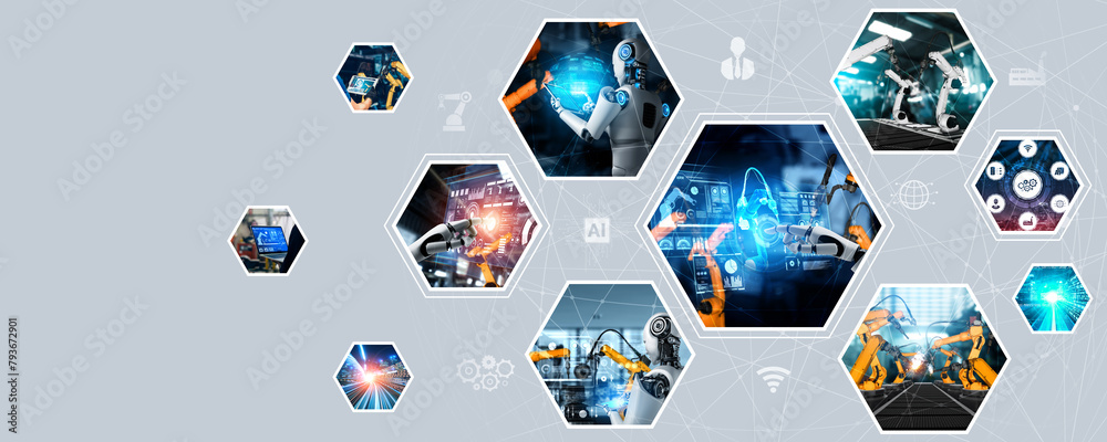 Poster automated ai industry robot and robotic arms assembly in factory production. concept of artificial i