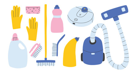 Set of cleaning elements. Vector collection of clip art cleaning in hand drawn style.