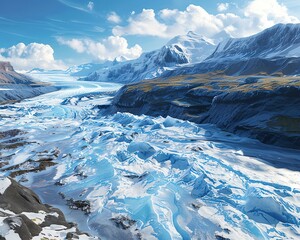 Climate change impact, melting glacier, wide panoramic view, cold blue tones, 