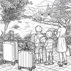 Coloring page depicting a summer adventure with kids, an incense burner at a campsite, and suitcases on wheels, in a detailed line art style from a panoramic view, 