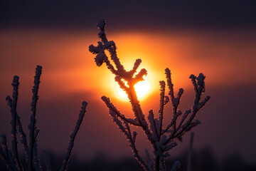 A frost-covered branch against the dull winter sun