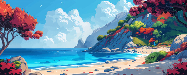 Rocky shores approaching the azure sea amidst colorful shrubs and trees. Digital art style vector flat minimalistic isolated