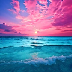 blue sea and pink sky background, Ai Generated