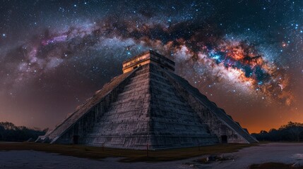 panoramic photo of Chichen Itza at night with the milky way galaxy in sky